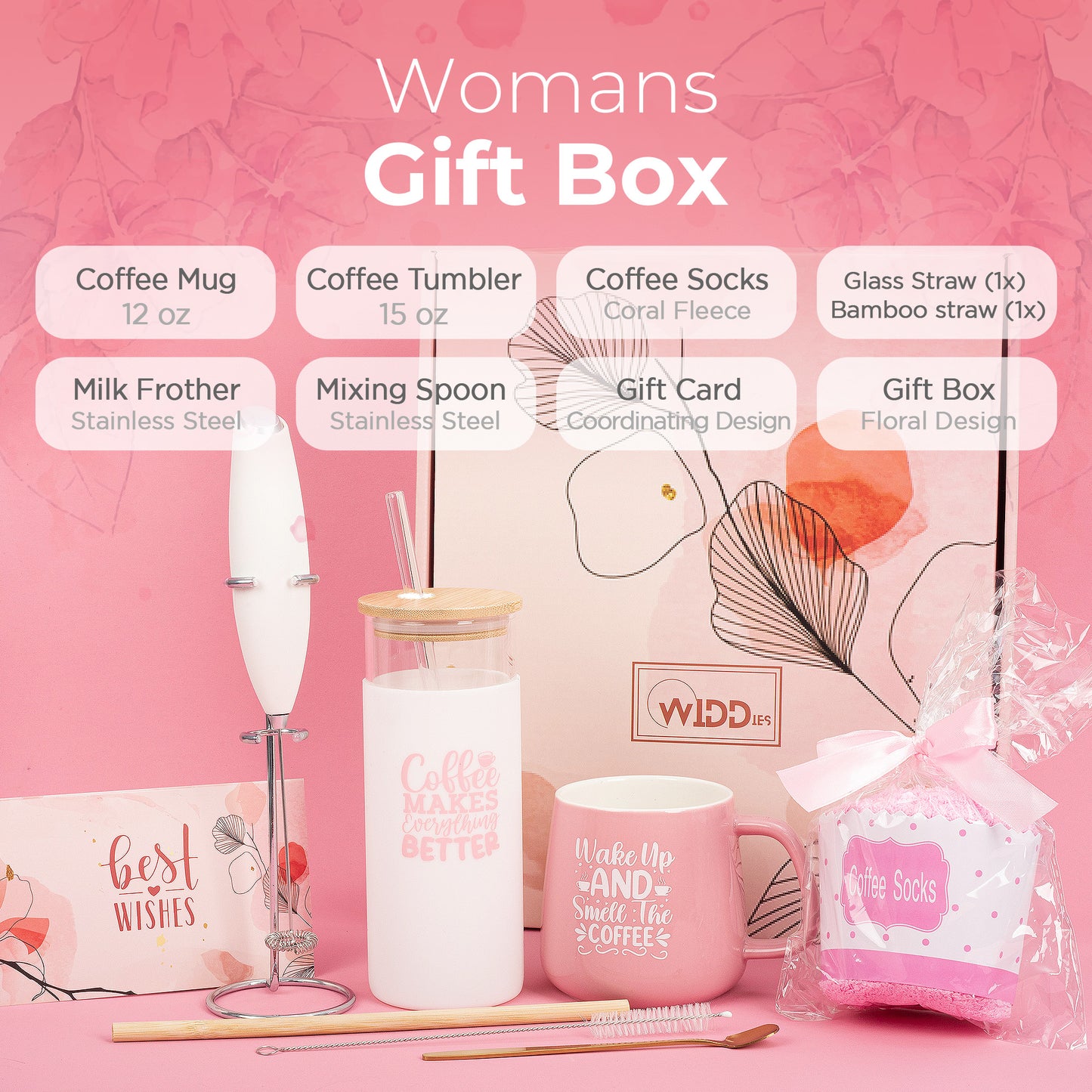 Widdies Womans Coffee Themed Gift Set, Includes Electric Milk Frother, Ceramic Mug, Iced Coffee Tumbler with Lid, Novelty Coffee Lovers Socks, Glass and Bamboo Straw, Mixing Spoon, Card