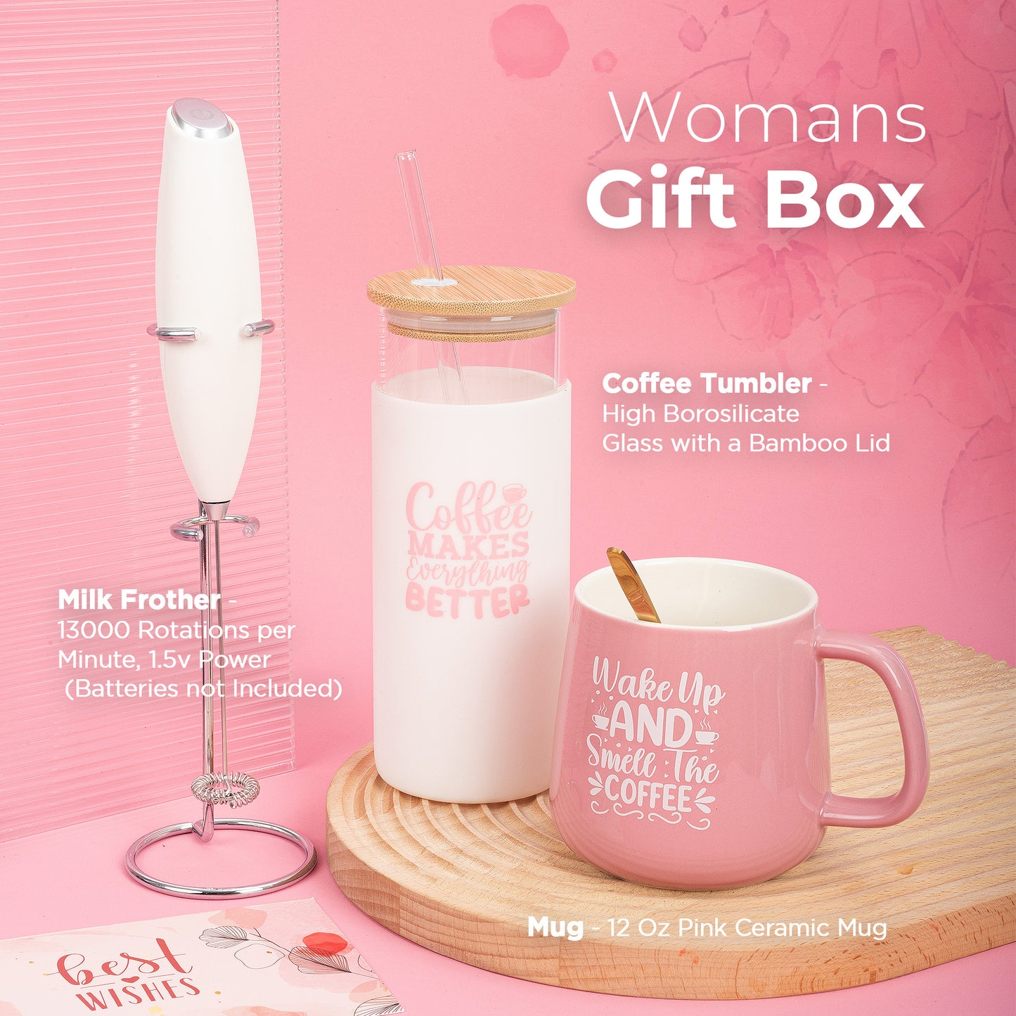 Widdies Womans Coffee Themed Gift Set, Includes Electric Milk Frother, Ceramic Mug, Iced Coffee Tumbler with Lid, Novelty Coffee Lovers Socks, Glass and Bamboo Straw, Mixing Spoon, Card