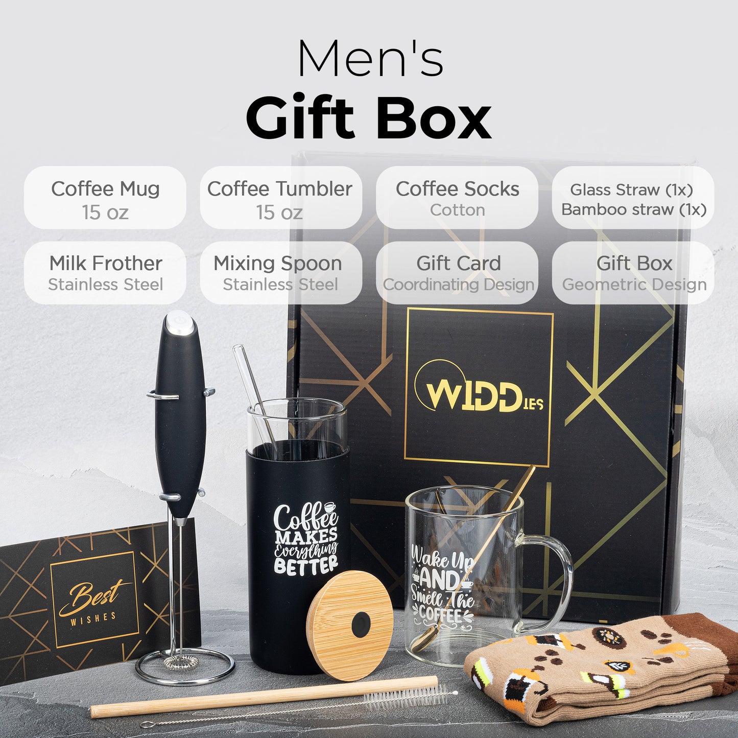 Widdies Coffee Themed Gift Set, Includes Electric Milk Frother, High Borosilicate Clear Glass Mug, Iced Coffee Tumbler with Lid, Novelty Coffee Lovers Socks, Glass and Bamboo Straw, Mixing Spoon, Card