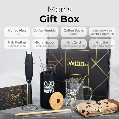 Widdies Coffee Themed Gift Set, Includes Electric Milk Frother, High Borosilicate Clear Glass Mug, Iced Coffee Tumbler with Lid, Novelty Coffee Lovers Socks, Glass and Bamboo Straw, Mixing Spoon, Card